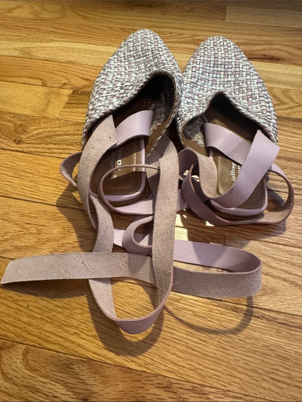 Jeffery Campbell Woven Pointed Leather Flats with Pink Ribbon Ankle Tie - Picture 3 of 6
